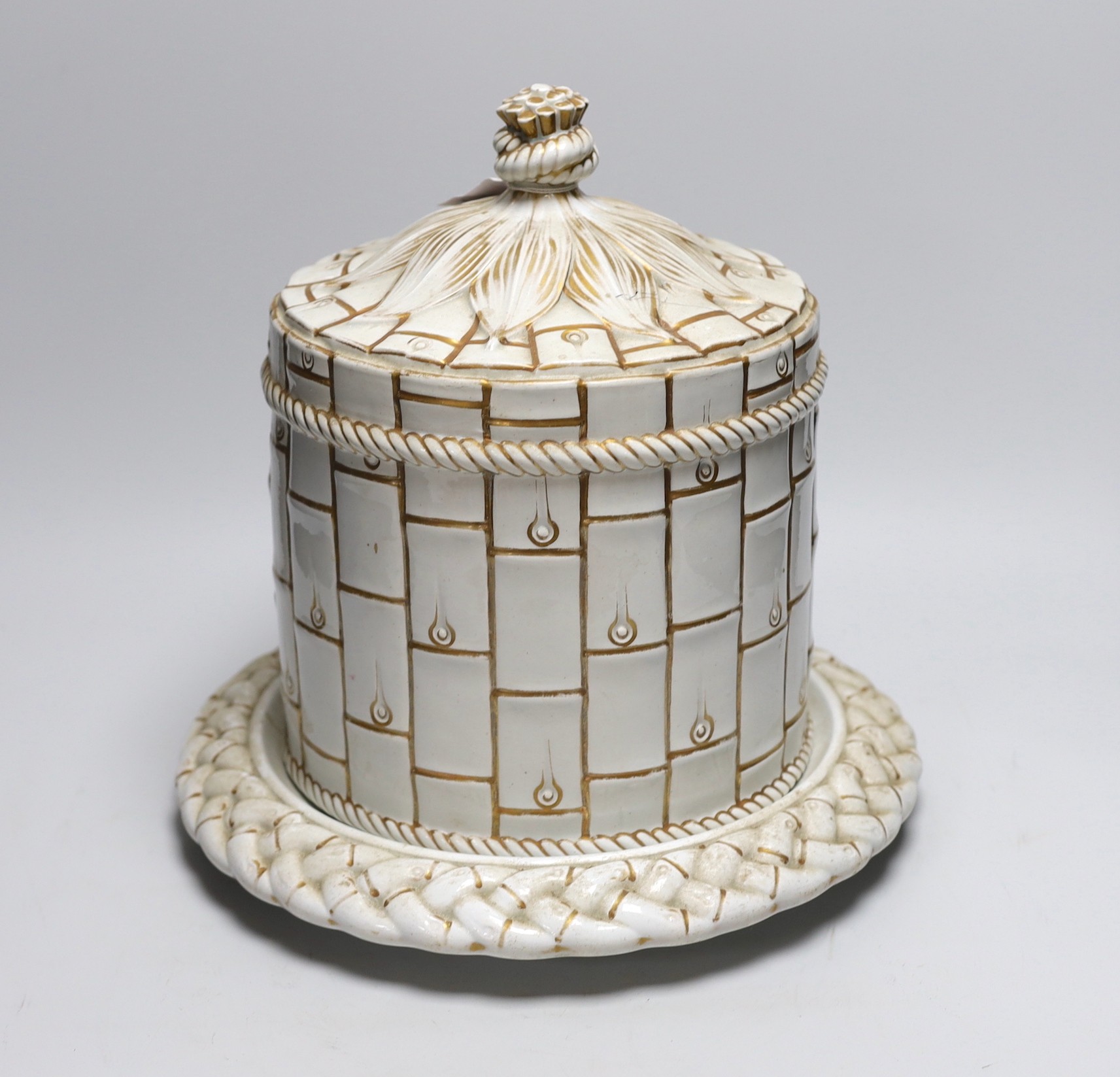 A Victorian pottery faux bamboo cheese dome on stand, 30cm